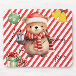 Adorable monogram Red white stripes Ornaments Mouse Mat