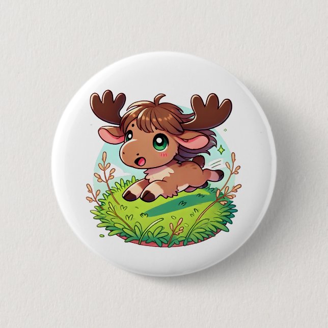 Adorable moose calf running through a field  6 cm round badge (Front)