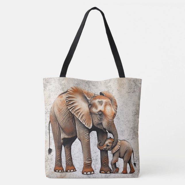 Adorable Mother & Baby Elephant Digital Art Print Tote Bag (Back)