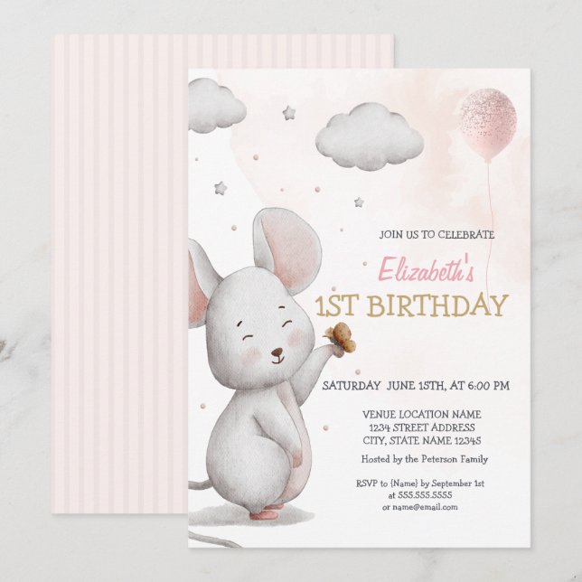 Adorable Mouse Balloon Striped Birthday Invitation (Front/Back)