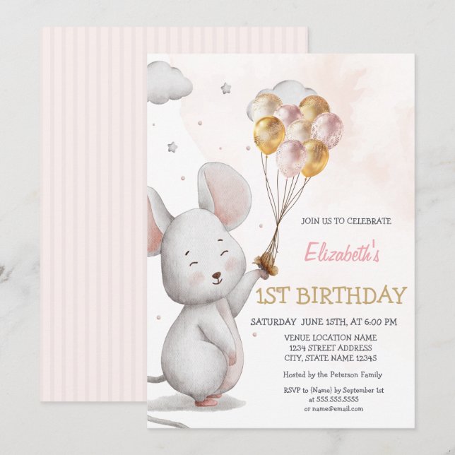 Adorable Mouse Balloons Striped Birthday Invitation (Front/Back)