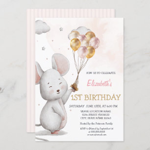 Adorable Mouse Balloons Striped Birthday Invitation