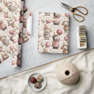 Adorable Mouse Birthday Pattern, Pink & Beige Wrapping Paper