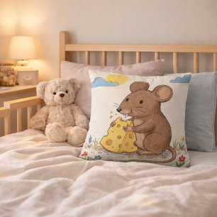 Adorable Mouse Eating Cheese Drawing Kids Cushion