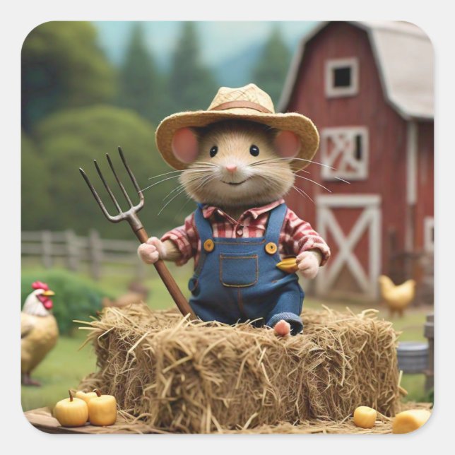 Adorable Mouse Farmer on Hay Sticker (Front)