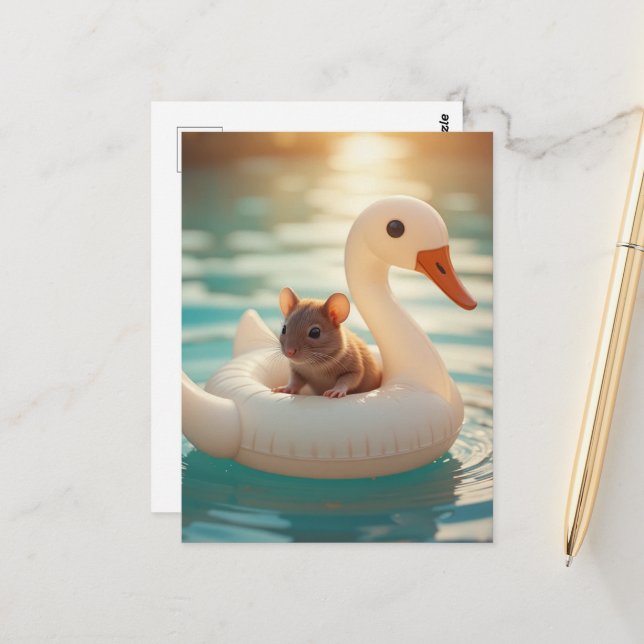 Adorable Mouse Floating on a Swan Float Postcard (Front/Back In Situ)