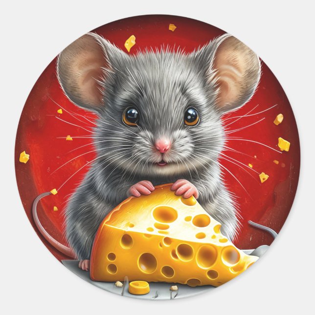 Adorable Mouse Holding Cheese Classic Round Sticker (Front)