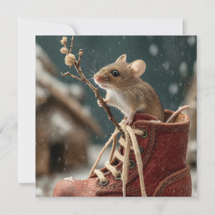 Adorable Mouse in a Miniature Boot in the Snow Holiday Card