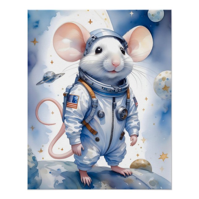 Adorable Mouse in Astronaut Suit in Outer Space Poster (Front)