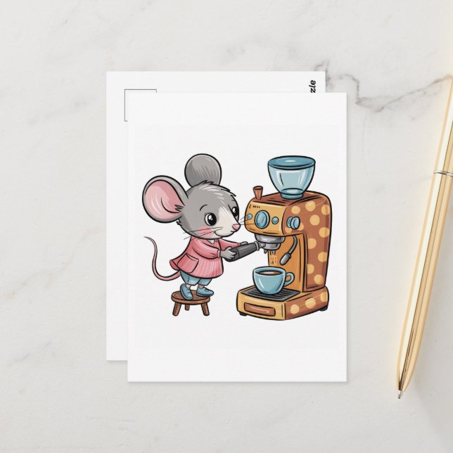 Adorable Mouse Making Coffee Postcard (Front/Back In Situ)