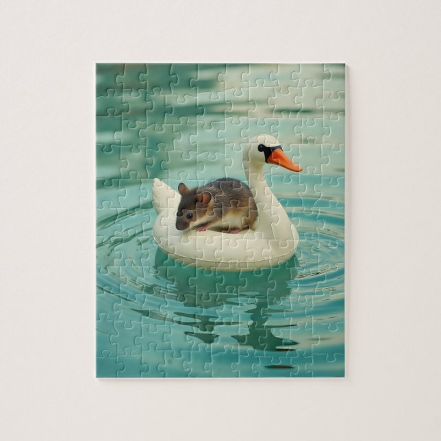 Adorable Mouse on a Swan Pool Float Jigsaw Puzzle (Vertical)