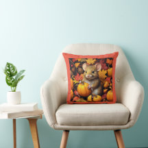 Adorable Mouse with Autumn Pumpkins Throw Pillow