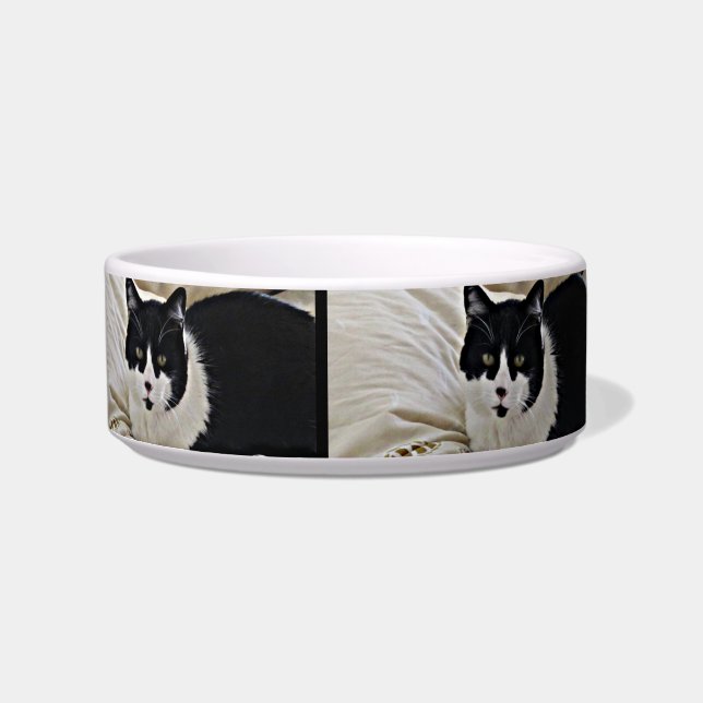 Adorable Moustache Black Cat pet food bowl (Front)