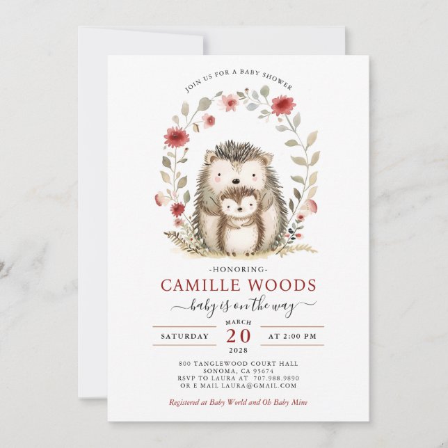 Adorable Mum And Baby Hedgehog Baby Shower Invitation (Front)