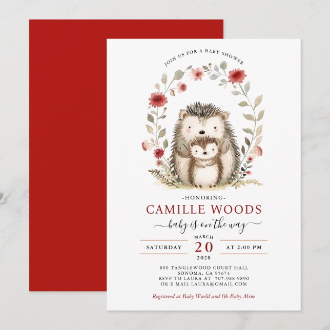 Adorable Mum And Baby Hedgehog Baby Shower Invitation (Front/Back)
