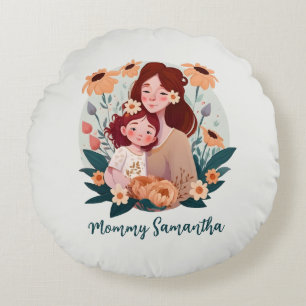 Adorable Mum and Daughter Bond - Floral Frame (3) Round Cushion