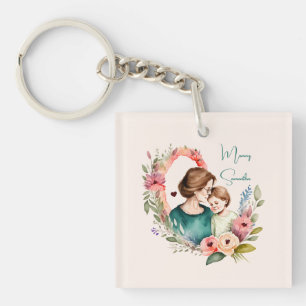 Adorable Mum and Daughter Bond - Floral Frame (4) Key Ring