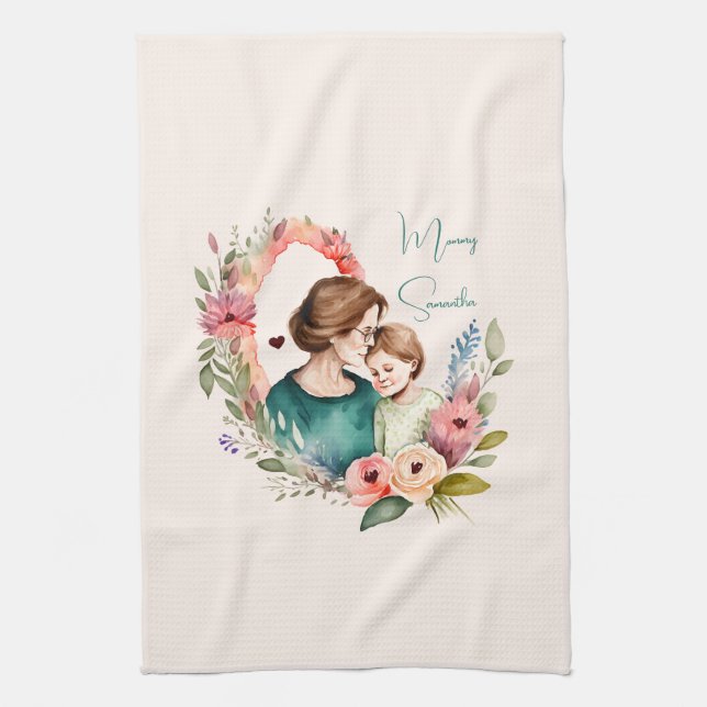 Adorable Mum and Daughter Bond - Floral Frame (4) Tea Towel (Vertical)