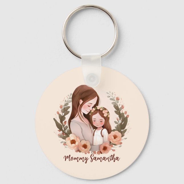 Adorable Mum and Daughter Bond - Floral Frame Key Ring (Front)