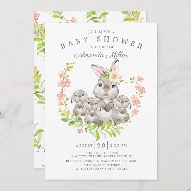 Adorable Mum & Baby Bunnies Triplets Baby Shower Invitation (Front/Back)