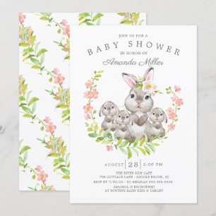 Adorable Mum & Baby Bunnies Triplets Baby Shower Invitation