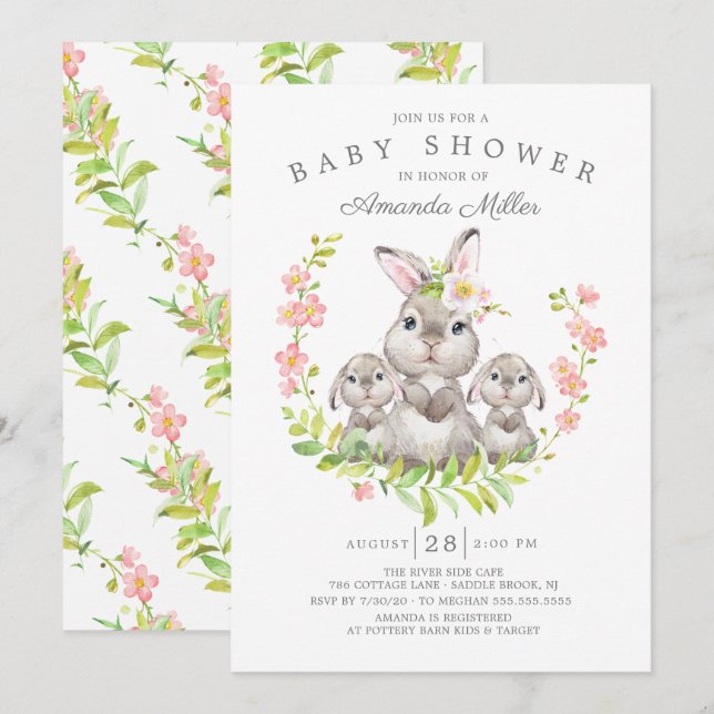 Adorable Mum & Baby Bunnies Twins Baby Shower Invitation (Front/Back)