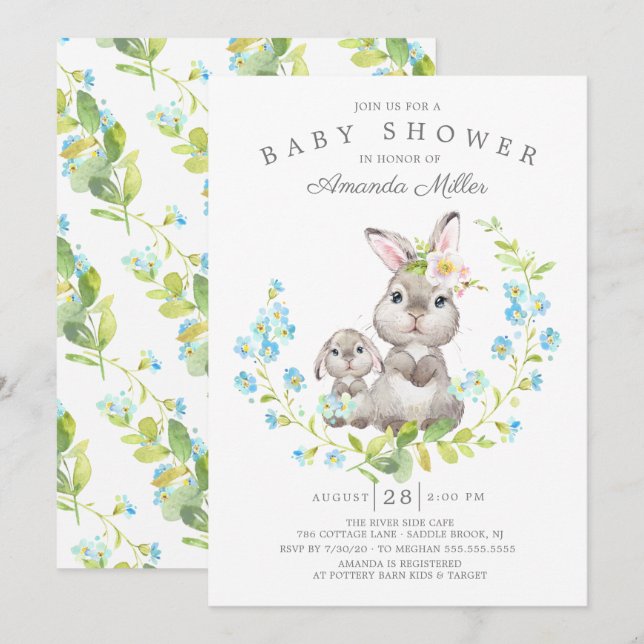 Adorable Mum & Baby Bunny Boys Baby Shower Invitation (Front/Back)