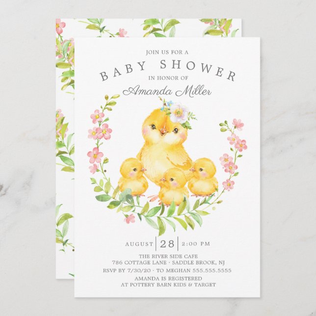 Adorable Mum & Baby Chicks Triplets Baby Shower Invitation (Front/Back)