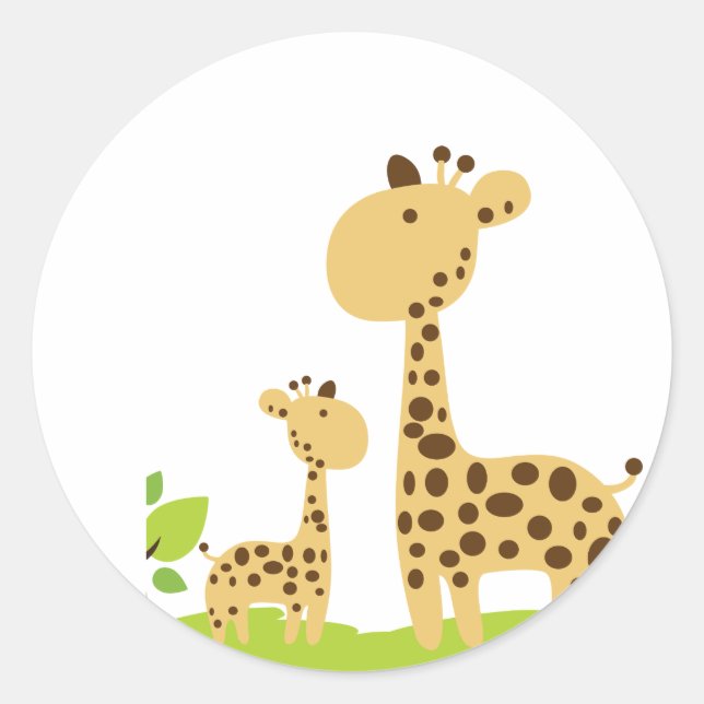 Adorable Mum & Baby Giraffe Green & Yellow Classic Round Sticker (Front)