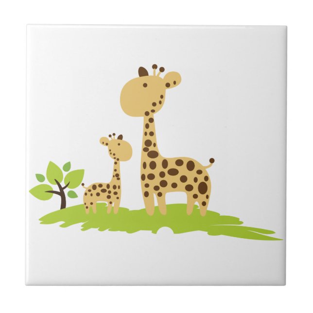 Adorable Mum & Baby Giraffe Green & Yellow Tile (Front)