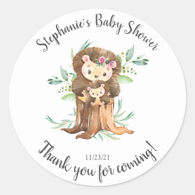 Adorable Mum & Baby Hedgehog Baby Shower Favour Classic Round Sticker (Front)
