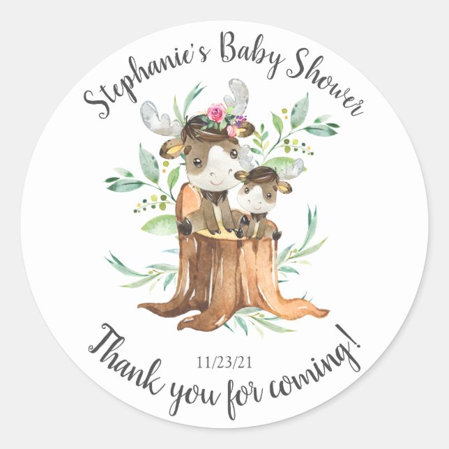 Adorable Mum & Baby Moose Baby Shower Favour Classic Round Sticker (Front)