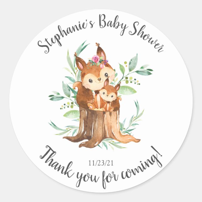 Adorable Mum & Baby Squirrel Baby Shower Favour Classic Round Sticker (Front)