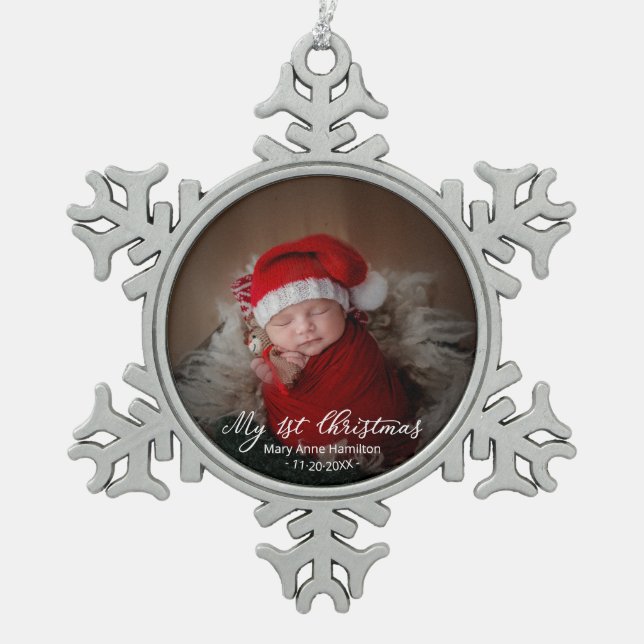 Adorable My First Christmas Newborn Baby Photo Snowflake Pewter Christmas Ornament (Front)