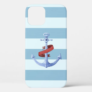 Adorable Nautical Anchor Light Blue  Stripes iPhone 12 Case