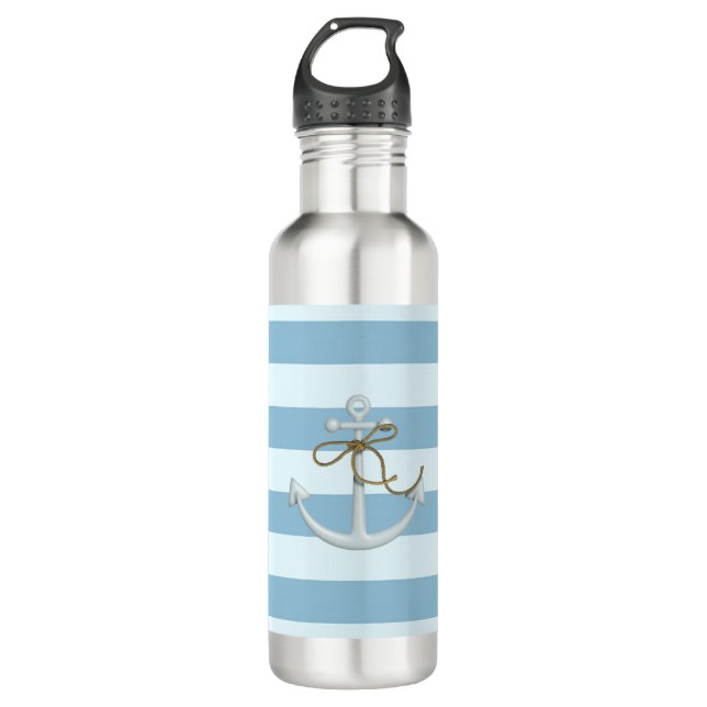 Adorable Nautical Anchor on Light Blue  Stripes 710 Ml Water Bottle (Front)