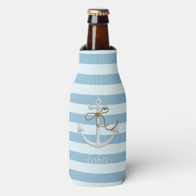 Adorable Nautical Anchor on Light Blue  Stripes Bottle Cooler (Bottle Front)