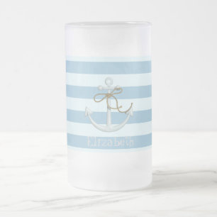 Adorable Nautical Anchor on Light Blue  Stripes Frosted Glass Beer Mug