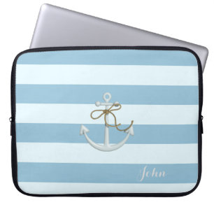Adorable Nautical Anchor on Light Blue Stripes Laptop Sleeve