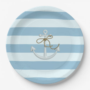 Adorable Nautical Anchor on Light Blue  Stripes Paper Plate