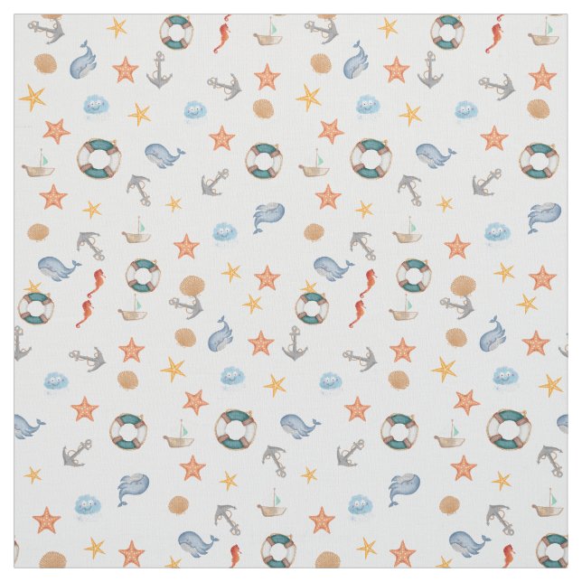 Adorable nautical pattern coral cute white blue fabric (Swatch)