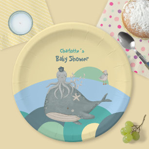 Adorable Nautical Whale Squid Yellow Baby Shower Paper Plate