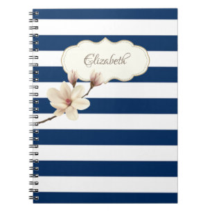Adorable Navy Blue stripses,Magnolia ,Personalized Notebook