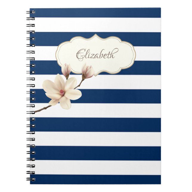 Adorable Navy Blue stripses,Magnolia ,Personalized Notebook (Front)