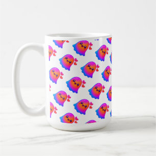 Adorable Neon Kawaii Ghost with Gradient Glow and  Coffee Mug