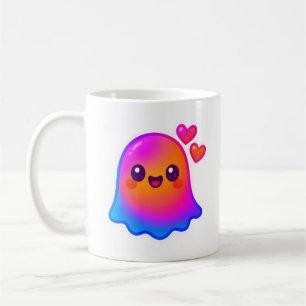 Adorable Neon Kawaii Ghost with Gradient Glow and  Coffee Mug