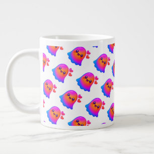 Adorable Neon Kawaii Ghost with Gradient Glow and  Large Coffee Mug