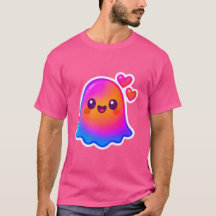Adorable Neon Kawaii Ghost with Gradient Glow and T-Shirt