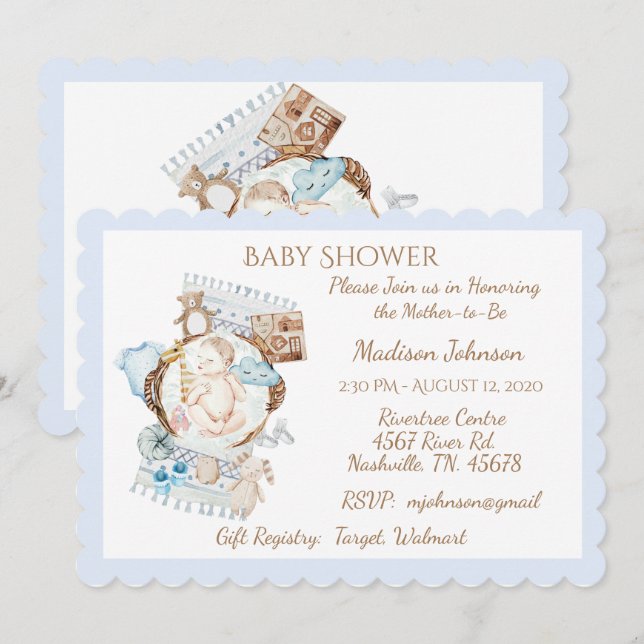 Adorable Newborn Blue Baby Boy Shower Invitation (Front/Back)