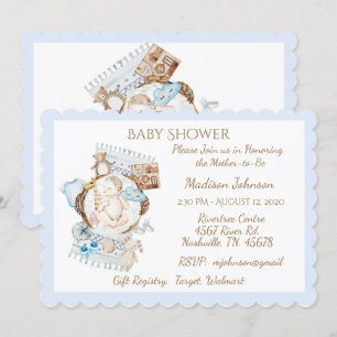 Adorable Newborn Blue Baby Boy Shower Invitation